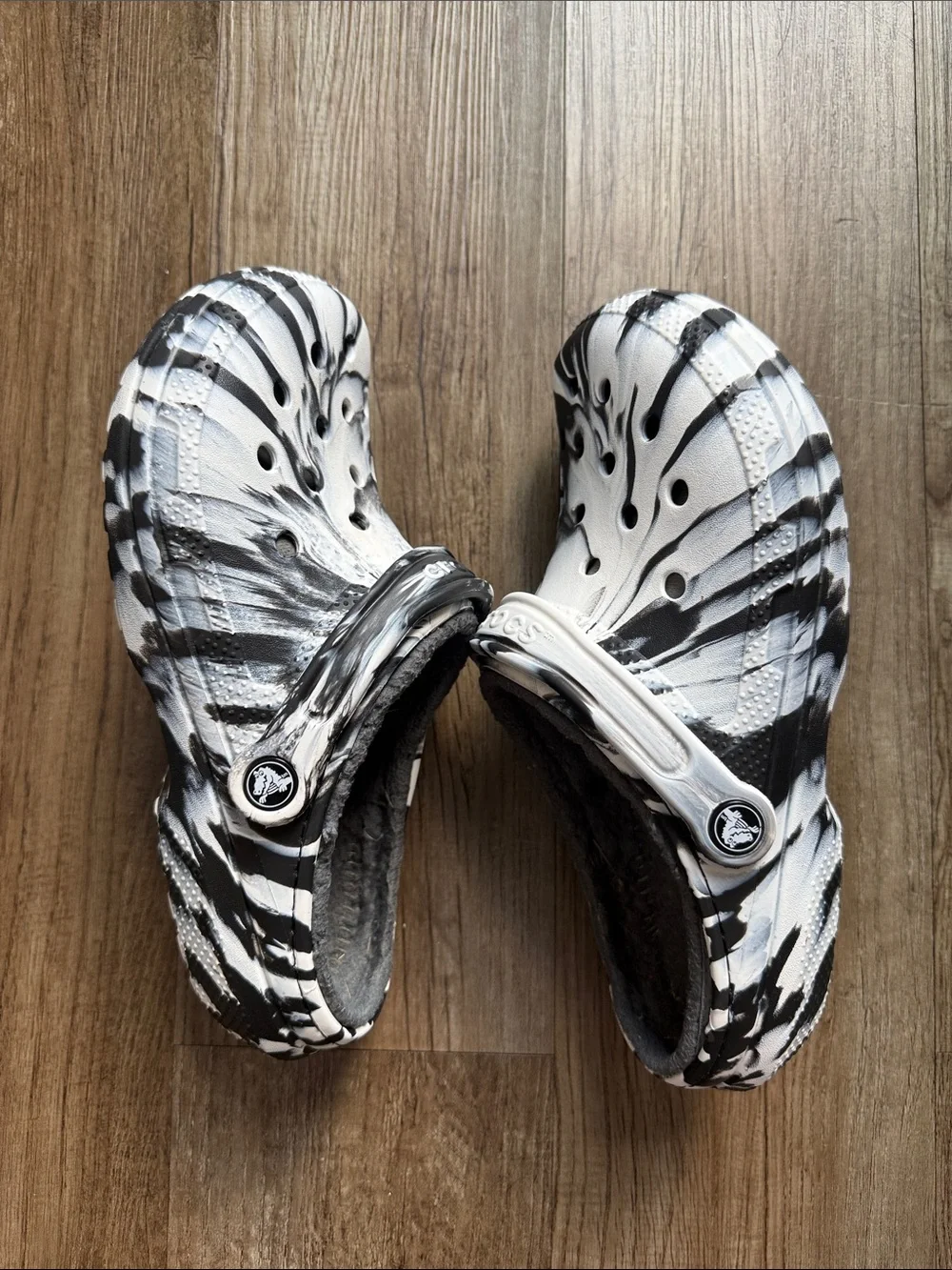 CROCS Classic Clog - Black & White Marble with lined interior for warmth
